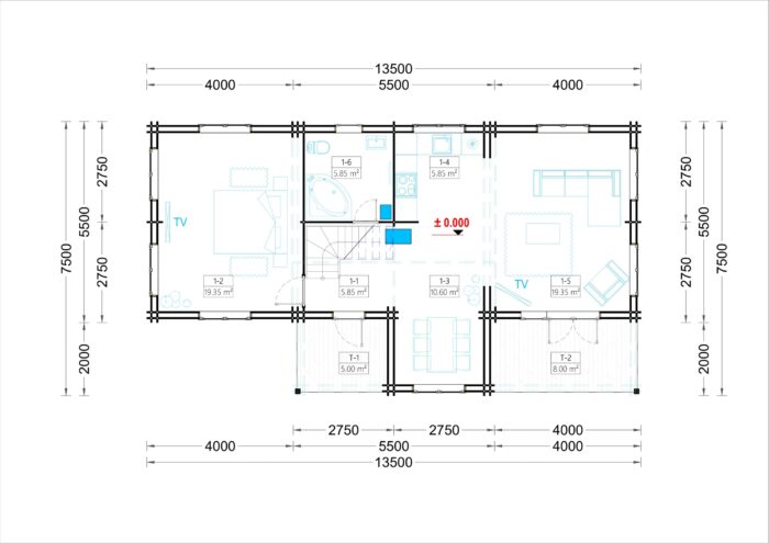 Blockbohlenhaus HORST (44+44 mm), 113 m² + 13 m² Terrasse