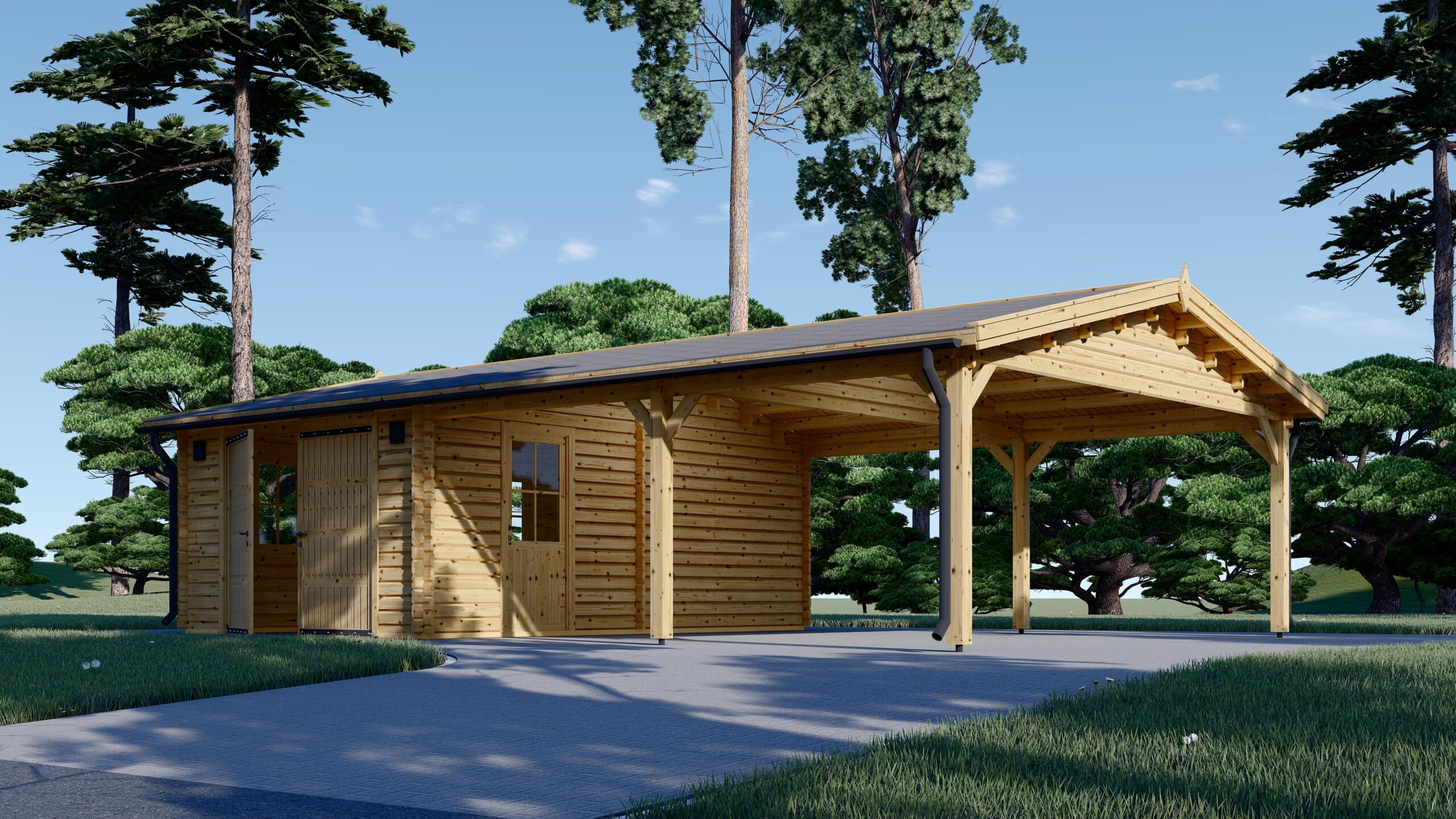 Garage en bois MULTI (44 mm) 4x6 m avec carport double 5.5x6 m