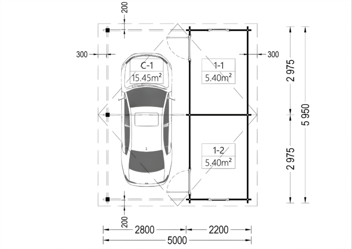 Carport aus Holz für 1 Auto mit Schuppen (44 mm), 5x6 m