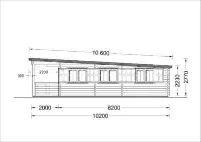 Blockbohlenhaus mit Flachdach und Terrasse HYMER (66 mm), 42 m² + 10 m²