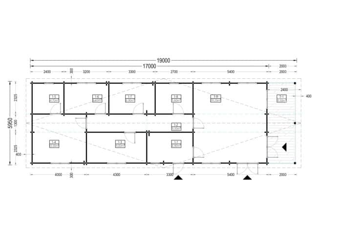 Blockbohlenhaus BOSTON (66 mm), 6x19 m, 114 m²