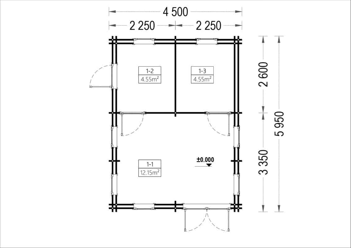Blockbohlenhaus mit Schlafboden SCOOT (44 + 44 mm), 27 m²