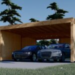 Carport aus Holz für 2 Autos mit Schuppen und Seitenwand, 7.6x5.6 m