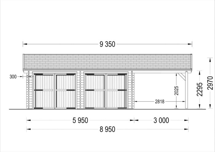 Holzgarage mit Doppelcarport (44 mm) 4x6 m + 5.5x6 m (Carport), 57 m²
