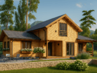 Holzwohnhaus DACHSTEIN , 66 mm + Holzverschalung), 108 m² + 13 m² Terrasse