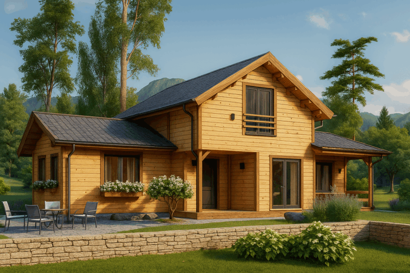 Holzwohnhaus DACHSTEIN , 66 mm + Holzverschalung), 108 m² + 13 m² Terrasse