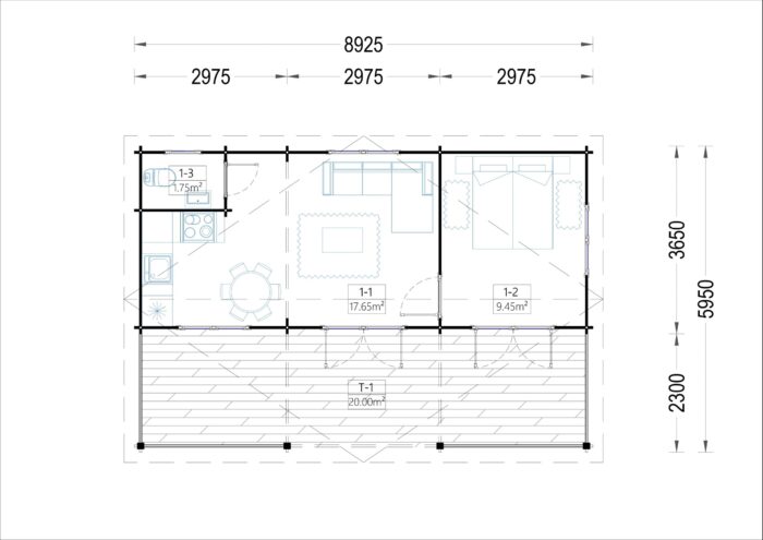 Blockbohlenhaus mit Terrasse LILLI( 44mm), 32 m² + 20m²