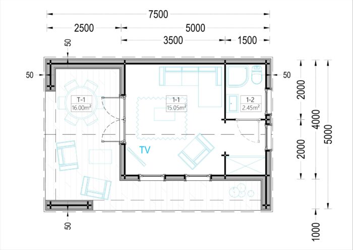 Blockbohlenhaus ANITA (44mm + Holzverschalung), 37m²