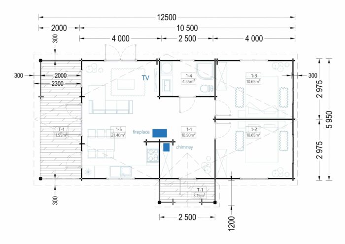 Blockbohlenhaus DORIS (44 mm) 63 m² mit Terrasse