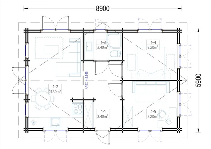 Blockbohlenhaus GRAZ (44 + 44 mm) 54 m²