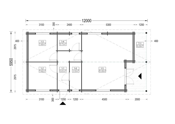 Blockbohlenhaus LUDWIG (44 + 44mm), 6x12m, 72m²