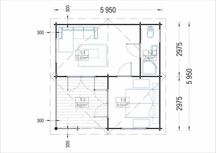 Blockbohlenhaus BASEL 6x6 m, 36 m²