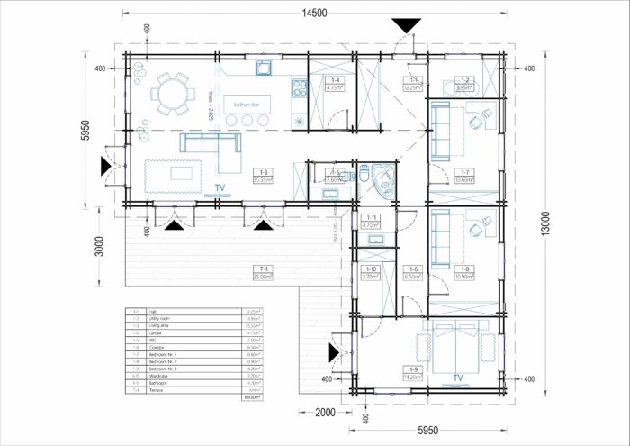 Bungalow Neusiedl aus Holz (44 + 44mm), 129m²