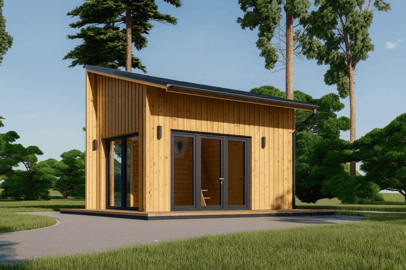 Blockbohlenhaus SANDRA (44mm + Holzverschalung), 20m² Extra Isoliert