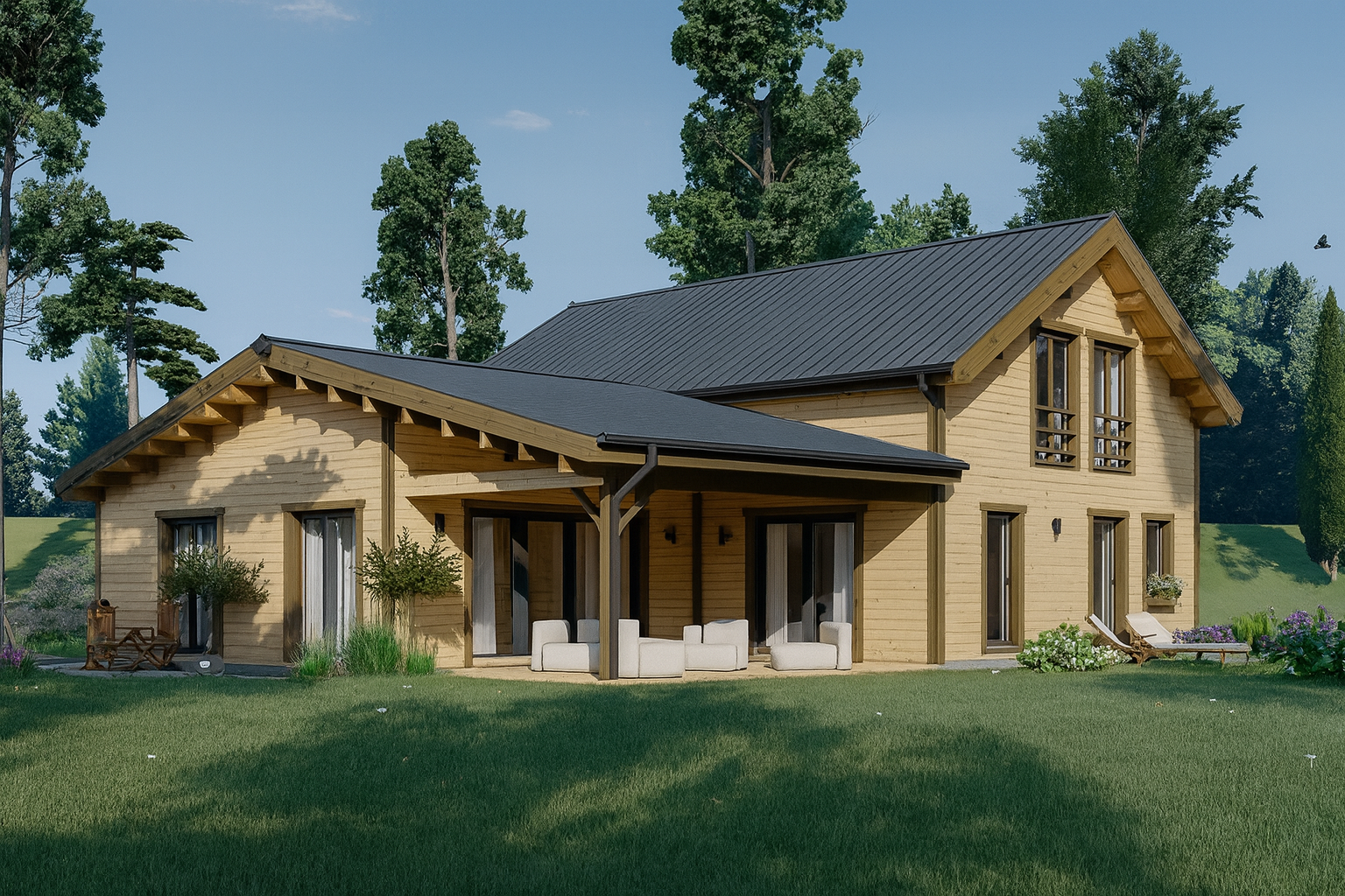 WohnhausKlagenfurt.png Holzhaus Klagenfurt (PREMIUM Isoliert, 66 mm + Holzverschalung), 150 m² – Bild 1