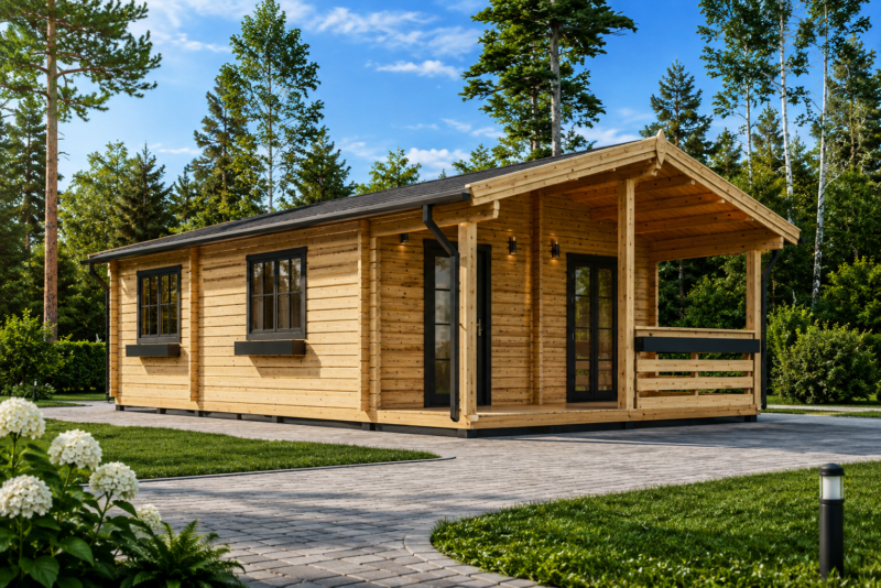 Blockbohlenhaus mit Terrasse ANTON, 5x9 m, 35 m² + 8m²