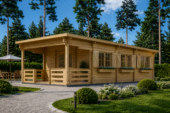 Blockbohlenhaus HANNES (66 mm) · 42 m² + 10 m² überdachte Terrasse · Pultdach