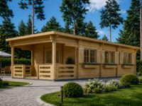 Blockbohlenhaus HANNES (66 mm) · 42 m² + 10 m² überdachte Terrasse · Pultdach